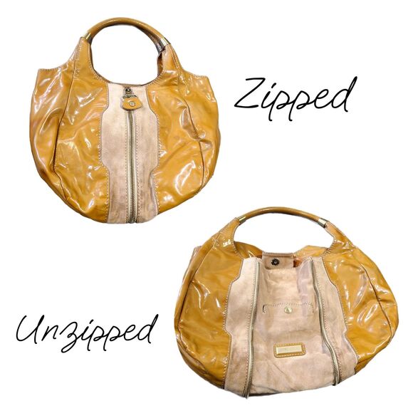 Jimmy Choo "Mandah" Camel Patent Leather & Suede Expandable Hobo Bag w/ COA - Picture 4 of 14